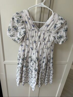 Zara White Floral Puff-Sleeve Casual Dress with Blue & Green Print
